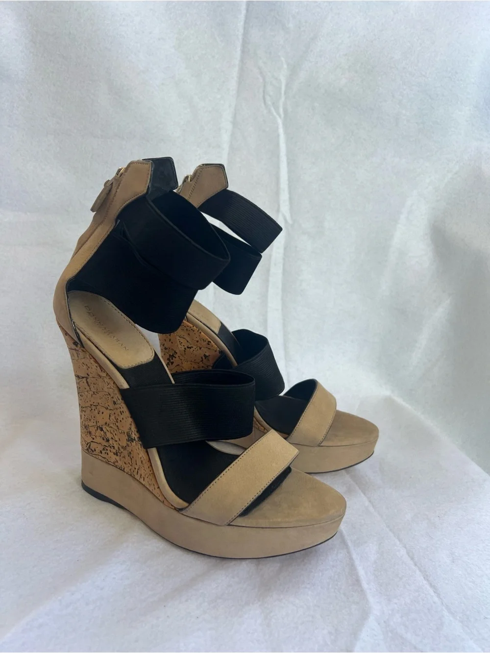 Donna Karan Beige and Black Cork Wedge Sandal